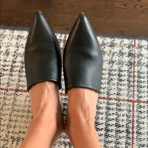 Black leather mule with stacked wooden heel